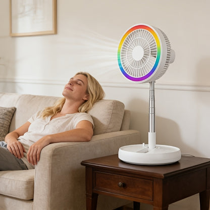 Portable Foldable USB Rechargeable Fan 3600mAh | 4-Speed Remote Control Tower Fan with 7-Color Ambient Light, Low Noise for Office, Travel, Camping & Dorm | Expandable Cordless Fan | Pink & White