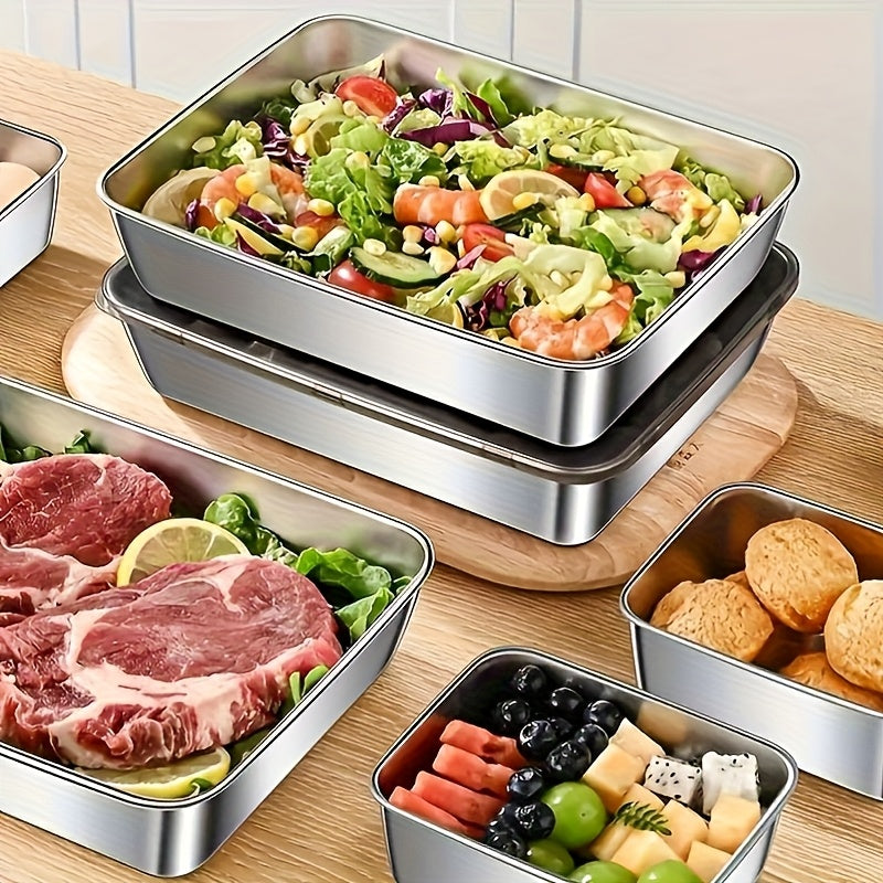Buy 3 Get 2 Free/Buy 2 Get 1 Free, Total 5/3pcs Stainless Steel Food Storage Containers - Durable Baking Trays with Free Lids, Reusable, Suitable for Picnics, Meal Prep, Refrigerator Organization And Kitchen Essentials | Easy to Clean
