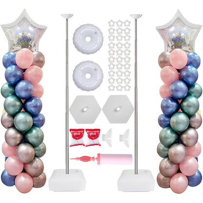 A Set of Two Balloon Column Stands with a Reusable Telescopic Design, Adjustable in Height from 1.57 to 7 Feet. The Balloon Stands Are Easy to Assemble and Disassemble. Includes a Balloon Pump. Suitable for Weddings, Graduations, and Birthday