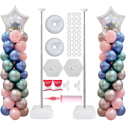 A Set of Two Balloon Column Stands with a Reusable Telescopic Design, Adjustable in Height from 1.57 to 7 Feet. The Balloon Stands Are Easy to Assemble and Disassemble. Includes a Balloon Pump. Suitable for Weddings, Graduations, and Birthday