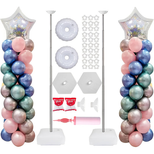 A Set of Two Balloon Column Stands with a Reusable Telescopic Design, Adjustable in Height from 1.57 to 7 Feet. The Balloon Stands Are Easy to Assemble and Disassemble. Includes a Balloon Pump. Suitable for Weddings, Graduations, and Birthday