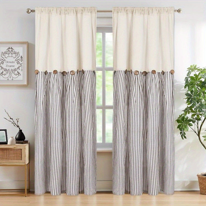 Semi Sheer Curtains Bohemian Linen Cotton Patchwork Grommet Top Window Drapes for Bedroom Living Room Kitchen Bathroom Cafe - Boho Country Cottage Style 4 Seasons 1 or 2 Panels