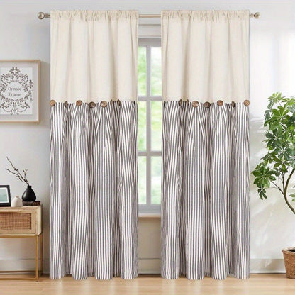 Semi Sheer Curtains Bohemian Linen Cotton Patchwork Grommet Top Window Drapes for Bedroom Living Room Kitchen Bathroom Cafe - Boho Country Cottage Style 4 Seasons 1 or 2 Panels