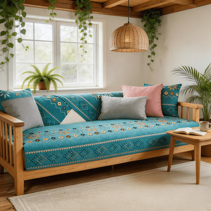 [Bohemian Sofa Cover] 1pc Bohemian Chenille Sofa Cover Compatible for Living Room, Bedroom, and Office Ethnic Style Sofa Cushion Cover with Anti-Slip & Cat Scratch Resistant, Skin-Friendly Spring St. Patrick's Day Home Decor