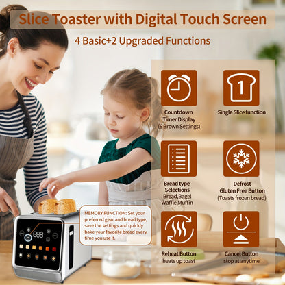 [Digital Touch Screen Toaster] Toaster Digital Touch Screen Toasters With 5 Bread Selection 7 Shade Setting And Bagel/Defrost/Cancel/Reheat Function 1.5" 2 Slice Stainless Steel Tostadora With Removable Crumb Tray