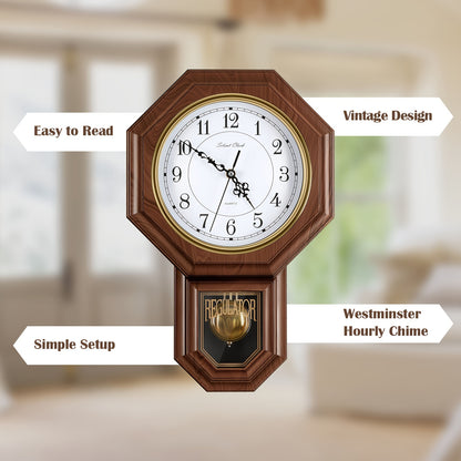Vintage Pendulum Wall Clock with Striking Bell & Sweeping Second Hand - Adjustable Tuning Clock Suitable for Office,, - Plastic/Metal/Cglass Clock with Bell, Not Included (Traditional School Clock)