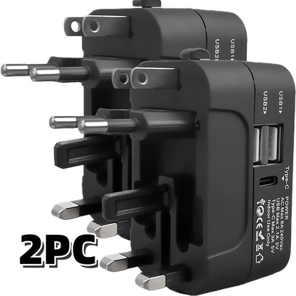 Universal Travel Adapter with Surge Protection - 2 USB & Type-C Ports, All-in-One International Plug for 350+ Countries, 100-240V Input, Fast Charging, Compact Lightweight Design, White & Black