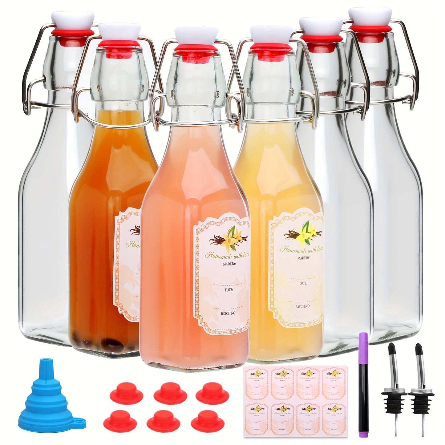 6/9/12pcs-8Oz Glass Bottles with Airtight Lids, for Kitchen Organizers And Storage, Home Brewing, Kombucha, Vanilla Extract, Vinegar, Homemade Juices, Water, Soda. Local Warehouse