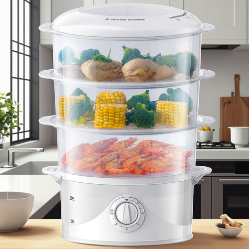 3-Tier Electric Food Steamer with 800W High-Power Fast Cooking, 9.6QT Large Capacity Multi-Tier Steamer for family dinners, Boil-Dry Protection, Dishwasher Safe, 60-Min Timer & BPA-Free, White Steamer for, Vegetables, Dumplings,