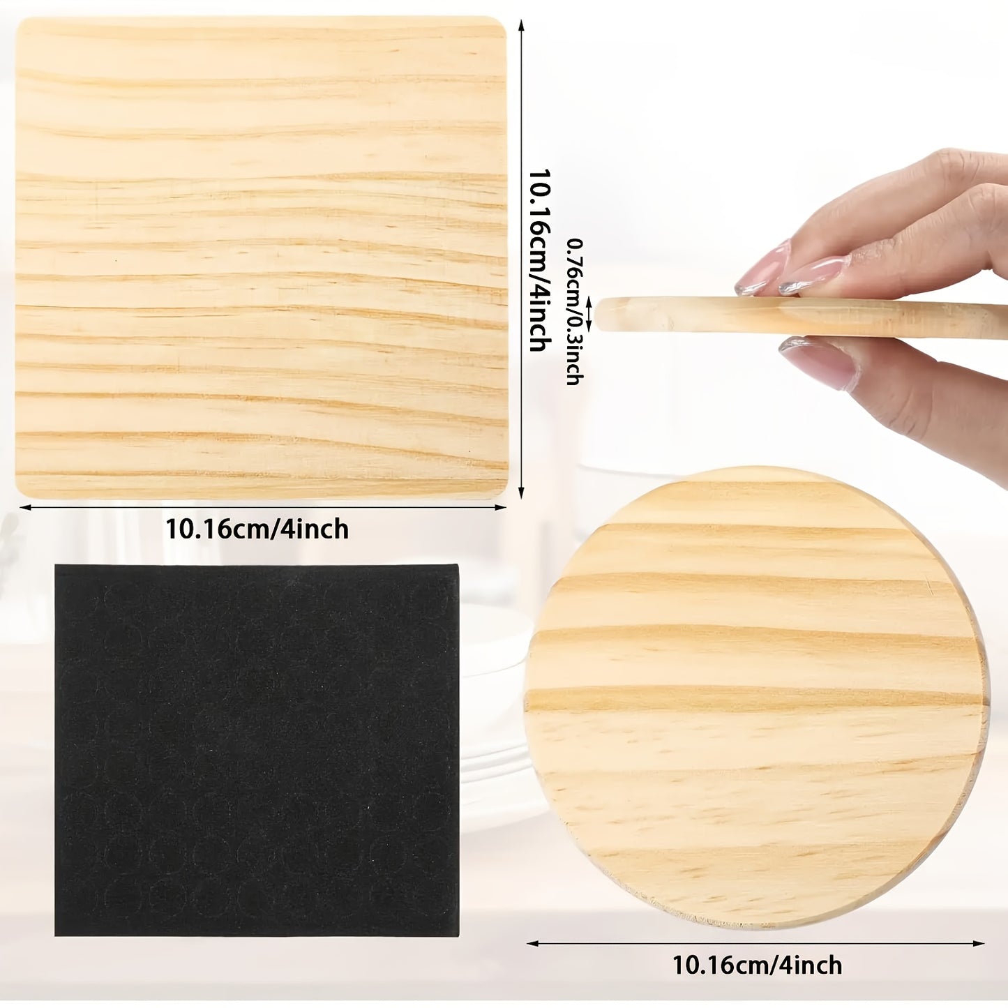 60/30pcs Unfinished Wood Coaster for Crafts, 30/15Square 30/15Round Wooden Coasters for Drinks Coffee Table with Non-Slip Pad Engraving Cup Coasters for Stained Painting Coffee Home Kitchen, 4 Inch