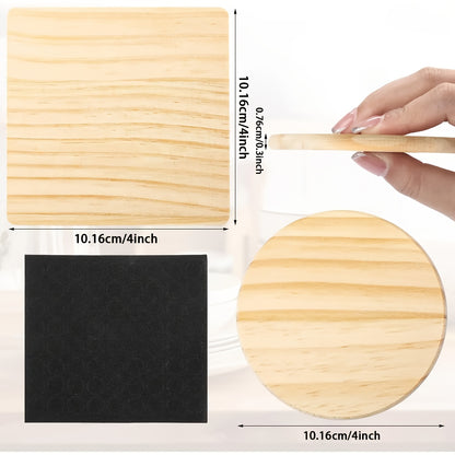 60/30pcs Unfinished Wood Coaster for Crafts, 30/15Square 30/15Round Wooden Coasters for Drinks Coffee Table with Non-Slip Pad Engraving Cup Coasters for Stained Painting Coffee Home Kitchen, 4 Inch