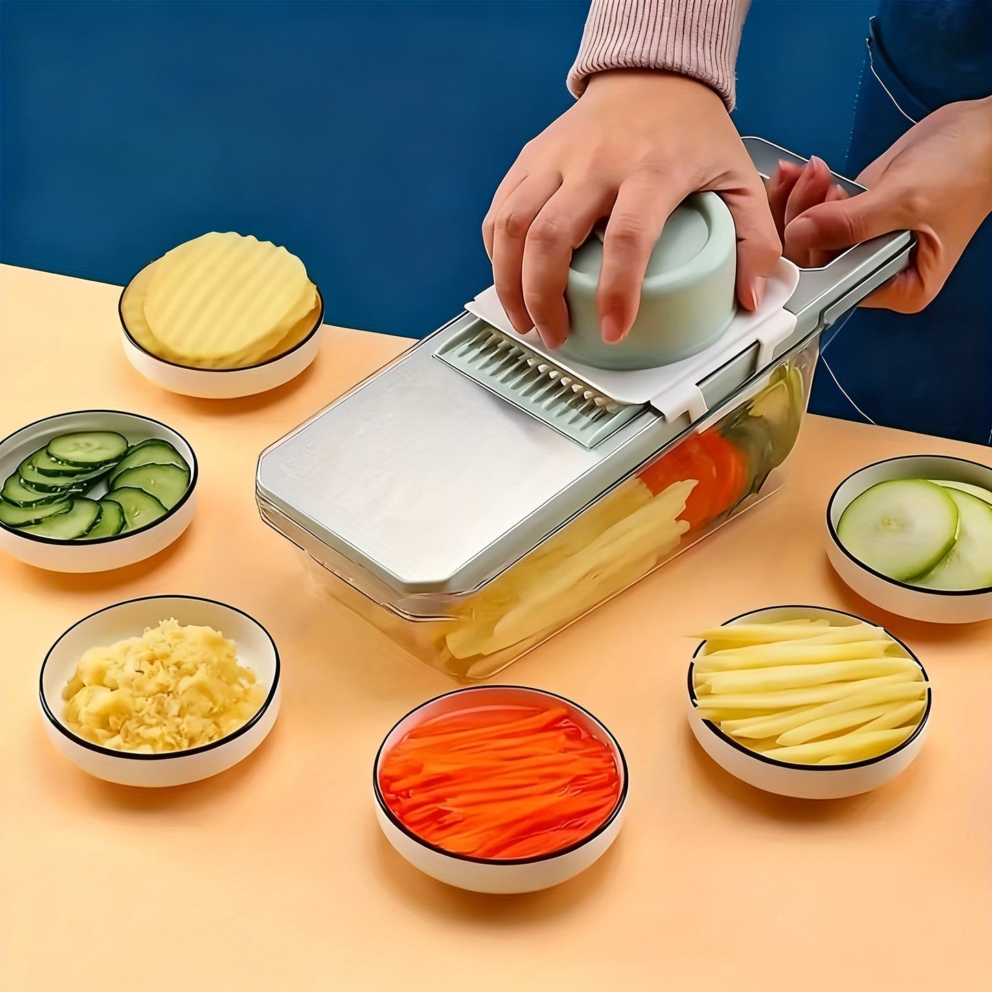 Stainless Steel 6-In-1 Vegetable Slicer Set - Interchangeable Blades for Julienne, Grater And Spiralizer | Manual Kitchen Tool for Potatoes, Carrots, Cucumbers with Safety Holder (Multi-Function)