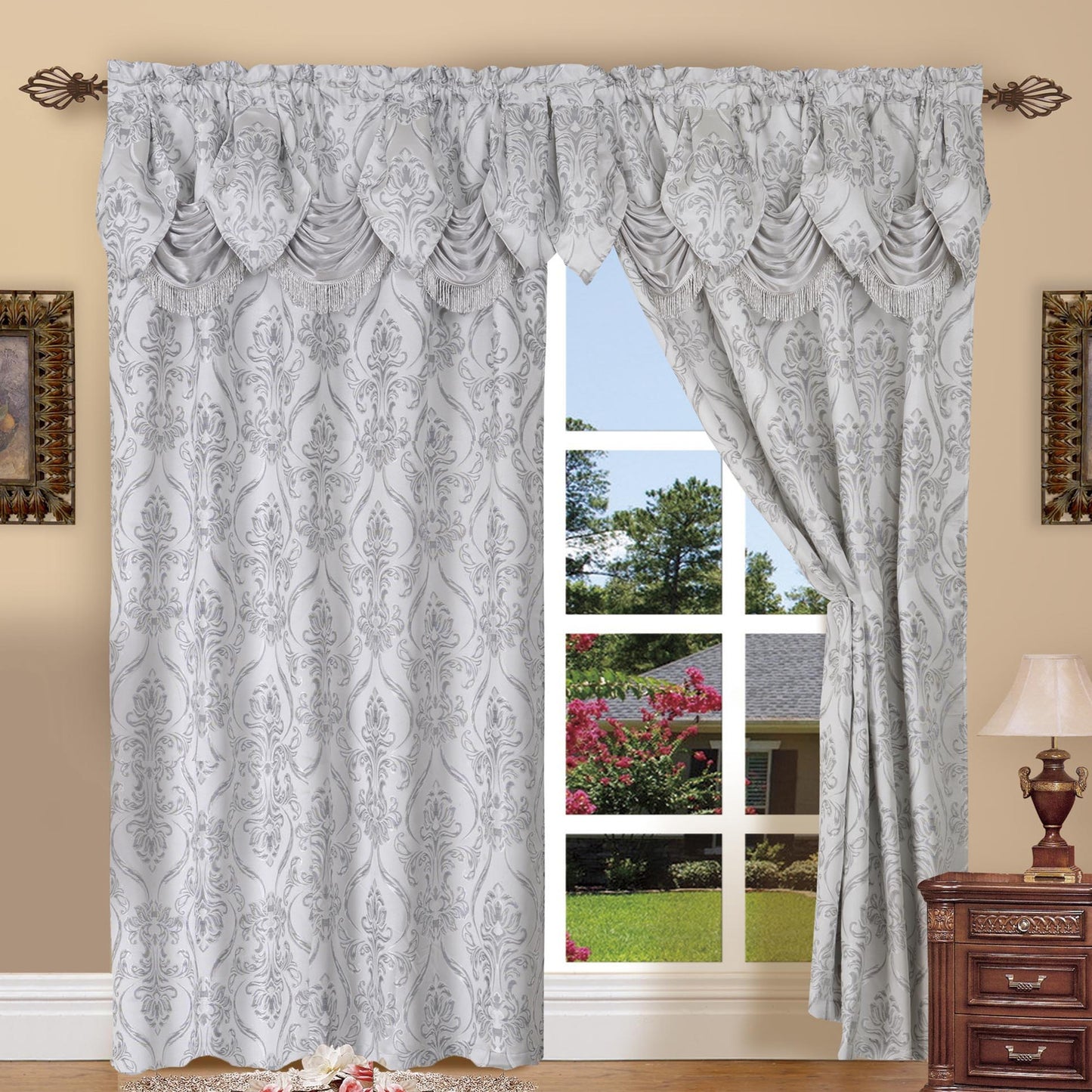 Elegant Comfort Luxury 2pc Fancy Penelope Jacquard Design Room Darkening 54 x 84 inch Rod Pocket Curtain Panel Set With Attached Waterfall Valance Machine Washable for Living Room, Bedroom, Study, Home Office, Curtains for Living Room, Bedroom Elegance, C