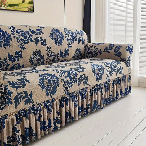 1pc Dark  Slippery Fibre Print Skirt Cover, Which Can Be Used in All Seasons, and the High-stretch Fabric Fits Snugly Around the Sofa. Equipped with a Non-slip Fixed Rod, Stable and Non-shifting, Both Beautiful and Practical.