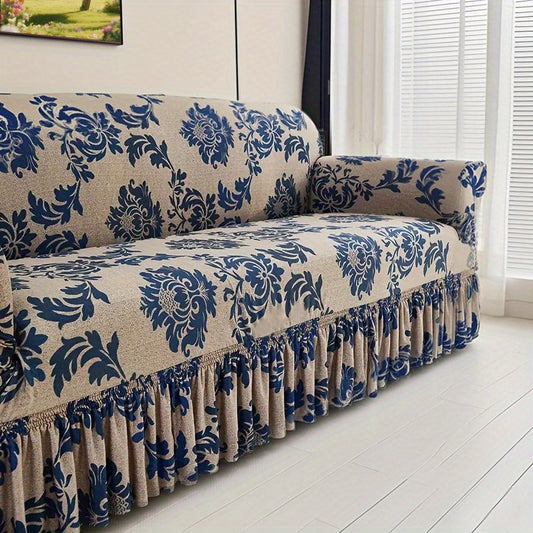 1pc Dark  Slippery Fibre Print Skirt Cover, Which Can Be Used in All Seasons, and the High-stretch Fabric Fits Snugly Around the Sofa. Equipped with a Non-slip Fixed Rod, Stable and Non-shifting, Both Beautiful and Practical.