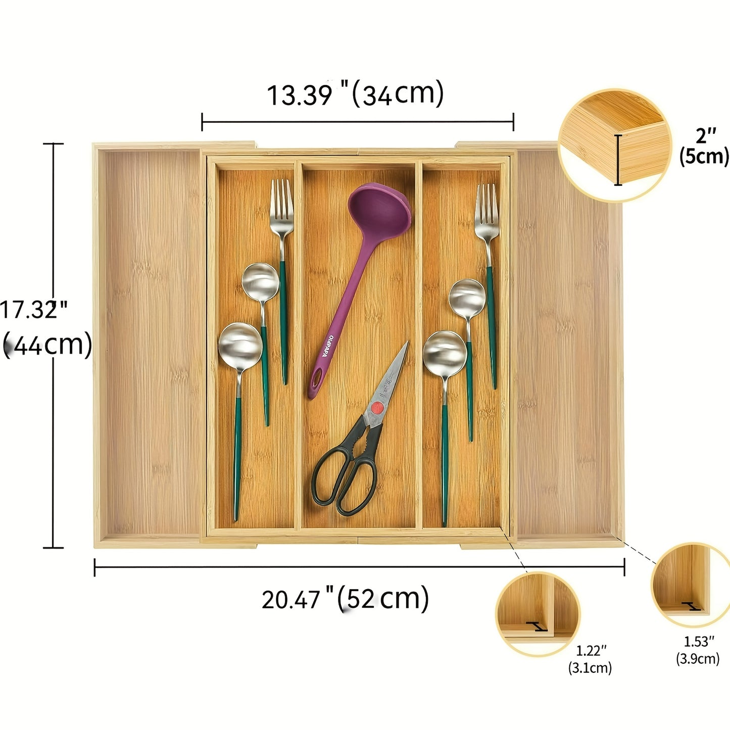 Bamboo Kitchen Drawer Organizer, Expandable Wood Utensil Tray, AdjustableSilverware Organizers for Drawers, 9 Compartments for Fork, Spoon & Knife UtensilsCutlery Organizer & Divider