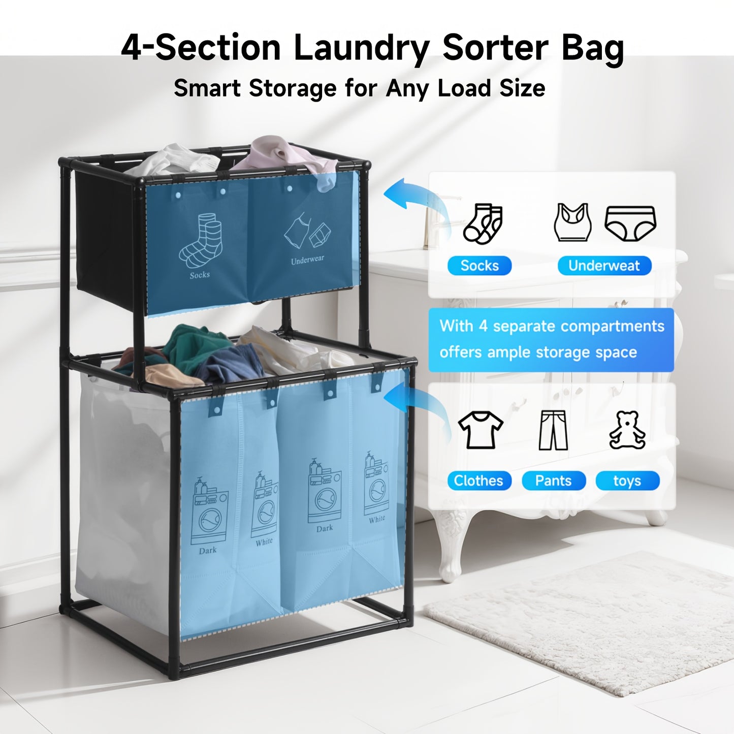 Double Laundry Basket with Removable Bins (No Wheels) - Collapsible 2-Tier Laundry Sorter - Oxford Fabric & Frame - Clothes Hamper for Kids, Adults, Travel, Add 10 Cable Ties for Securing