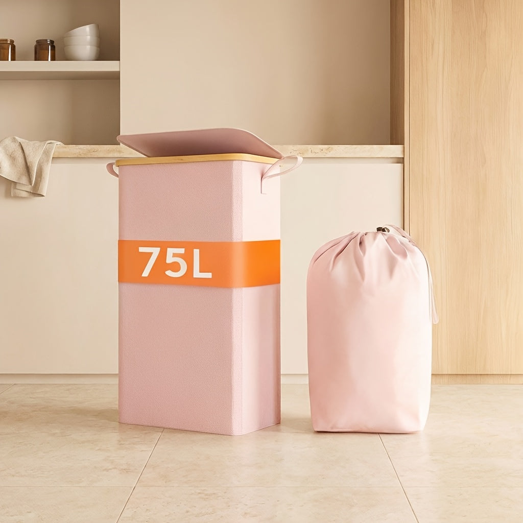 Slim Laundry Hamper With Lid, Narrow Laundry Basket With Removable Bag & Bamboo Handles, Fodable Thin Dirty Clothes Hamper, Laundry Collapsible Bin For Bathroom Bedroom Dorm, Room Decor, Storage And Organization, 13.21gal/17.17gal/19.81gal, Laundry Hamper