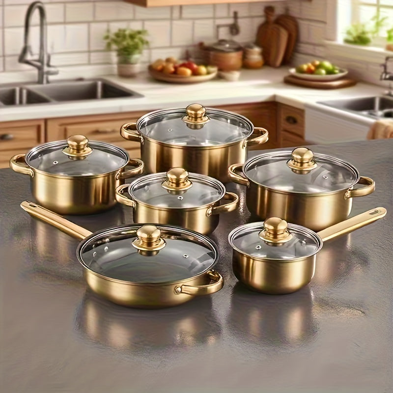 12/10/1pc Stainless Steel Cookware Set, Deep-Sided Pots with Lids And Dual Handles, Ideal for Soup, Hot Pot, Pasta, And Seafood Stews, Suitable for Oven, Perfect for Home And Restaurant Cooking. It Is The Best Choice for Gifting