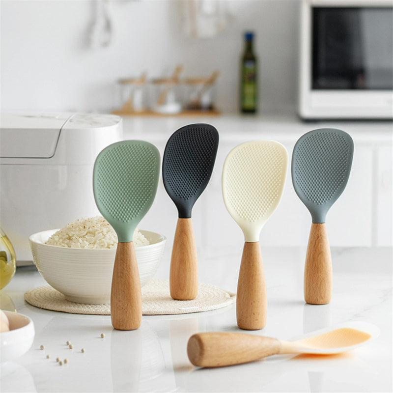 2 Pack Silicone Rice & Potato Server with Wooden Handle - Durable, Heat-Resistant Kitchen Spoon for Nonstick Pans and Cookers, Durable Standing Rice Spatula Serving Spoon for Grains