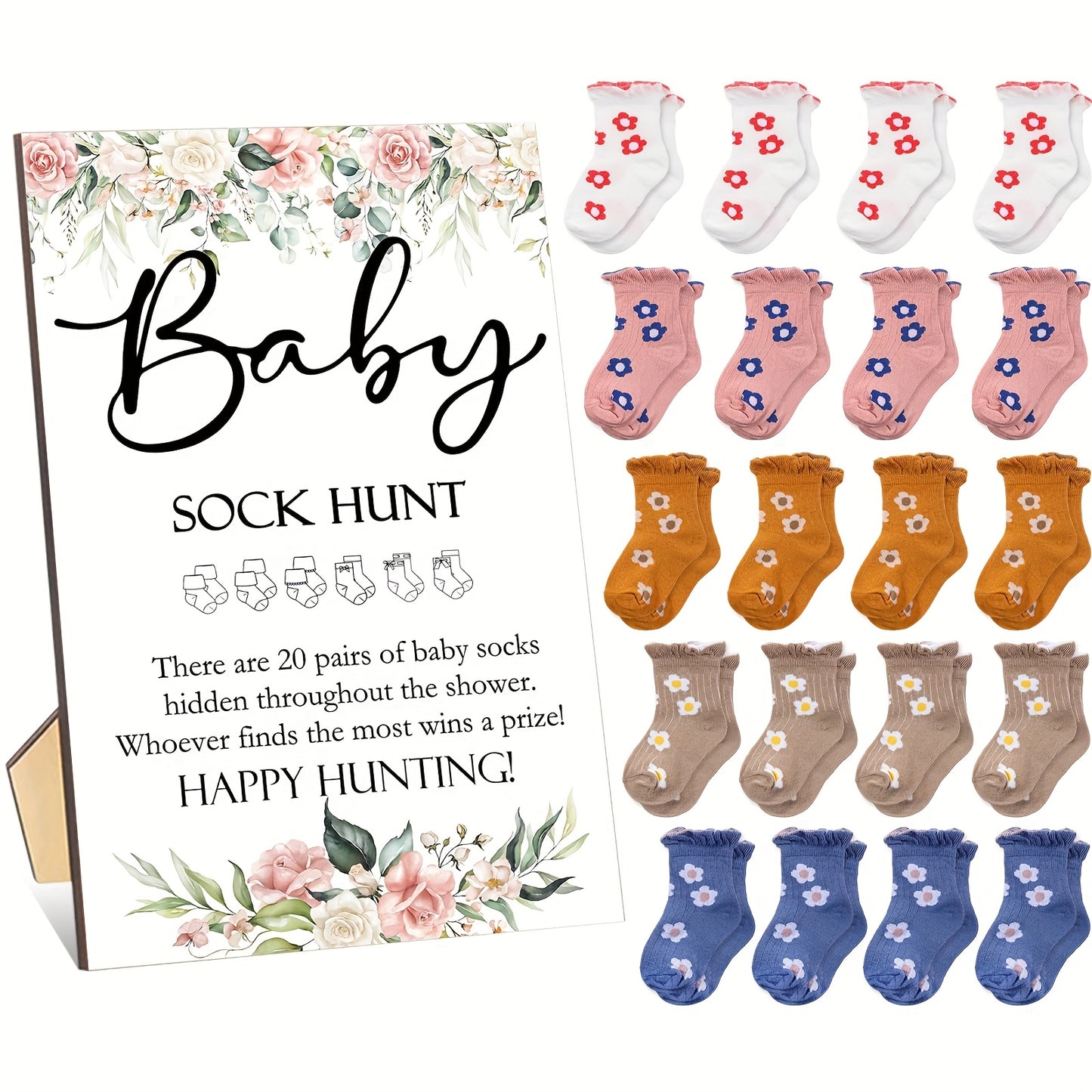 20 pairs Sock- Bear/flower/Animal/Classical with 1pc Wooden Table Sign Holder Party Supplies Shower Games Include Sock Hunt Sign And 20 Pair Small Cotton Socks Wooden Table Sign with Holder for And Gender Reveal Party Favors Easter Gifts