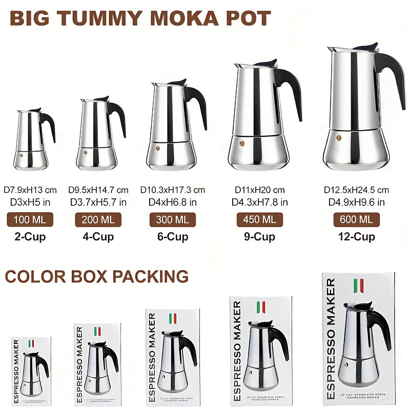 Stainless Steel Moka Pot Espresso Maker, Available in Sizes for 2, 4, 6, 9, Or 12 Cups, Suitable for Stovetop Use. Ideal for Brewing Italian, Cuban, Or Greek Coffee, This Classic Induction Pot Has a Capacity of 600 Ml (20 Oz)