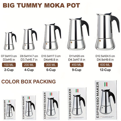 Stainless Steel Moka Pot Espresso Maker, Available in Sizes for 2, 4, 6, 9, Or 12 Cups, Suitable for Stovetop Use. Ideal for Brewing Italian, Cuban, Or Greek Coffee, This Classic Induction Pot Has a Capacity of 600 Ml (20 Oz)
