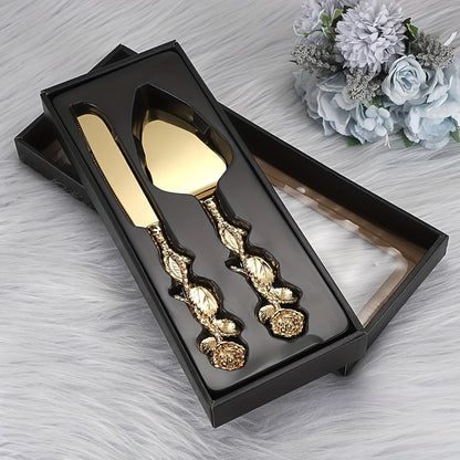 2pcs Golden Rose - Handle Tableware Set, Exquisite Cake Knife And Spatula Gift Box, High-End Food Service Equipment Supplies, Ideal Western-Style Tableware for Gifting