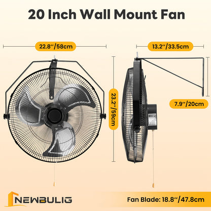 18''/20" Metal Wall Mount Fan, 3 Speed High Velocity Metal Fan, 3000CFM, Oscillating, Aluminum Blades, Quiet 65dB, Heavy Duty Wall Fan for Garage, Workshop, Patio, Warehouse