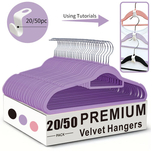 50pcs Set/20pcs Set (17 Inch Large Heavy-duty Anti Slip Flocking Hanger, 50pcss/20 Hanger Buckles As A Gift, Space Saving Wardrobe Organizer, 360 ° Rotating Hook, Suitable For Various Wardrobe High-quality Velvet, Christmas Day)
