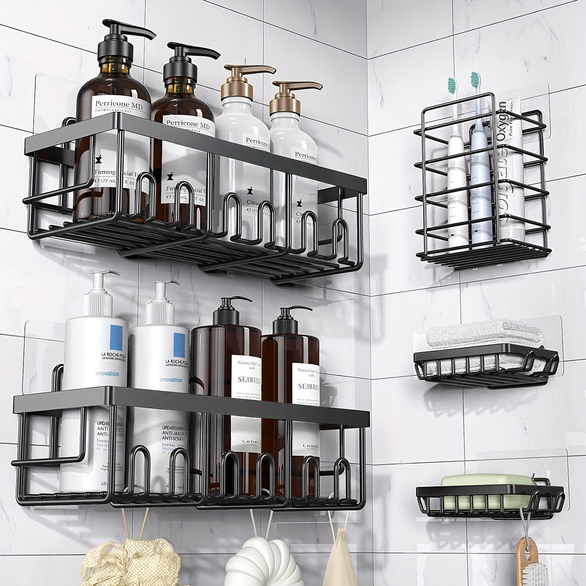 Shower Caddy Organizer, 5-Pack Adhesive Rustproof Stainless Steel Shower Shelves with Soap Holder, No Drilling Shower Storage Rack for Family Renters Bathroom, Random Colors F to Choose, Shower Caddies