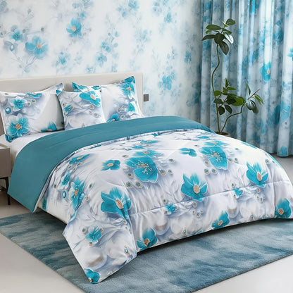 2/3pcs Teal Floral Bedding Comforter Set | Gradient Tones Oil Painting Style, Elegant Botanical Floral, Twin/Queen/King, Upgraded Luxury Quilt Set for All-Season, Bed in A Bag, Home Decor, Soft, Lightweight, Breathable, Microfiber, Ideal Family Gift