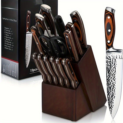 Kitchen Knife Set 15 Piece – Chef Knife Block Set with Self-Sharpening Wooden Block, Steak Knives & Hammered Stainless Steel Blades, Perfect Gift for Home Cooks & Men