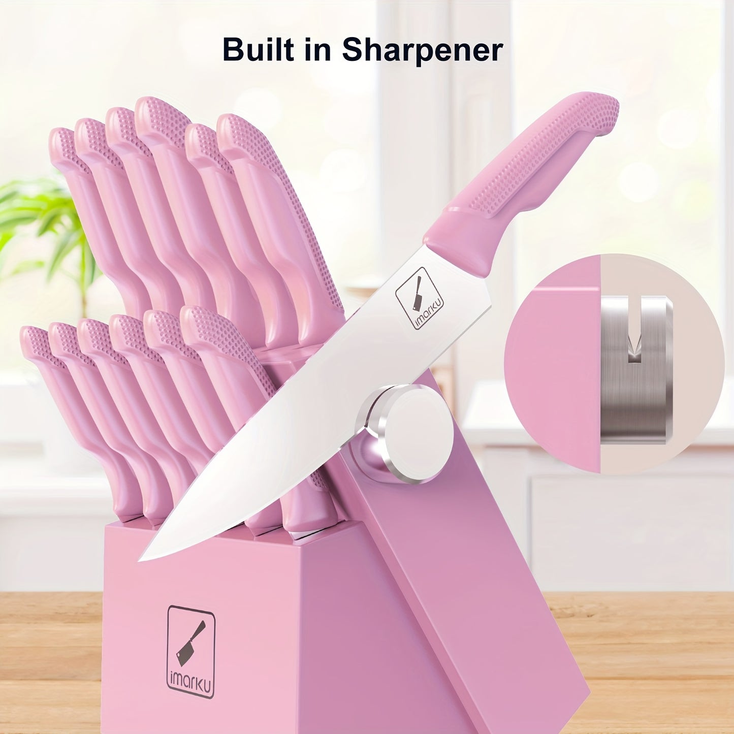 Knife Block Set 14 Piece Pink – Japanese Stainless Steel Kitchen Knife Set with Built-in Sharpener, Non-Slip Ergonomic Handles, Dishwasher Safe, Perfect Holiday & Housewarming Gift for Women