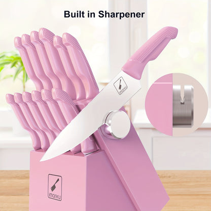Knife Block Set 14 Piece Pink – Japanese Stainless Steel Kitchen Knife Set with Built-in Sharpener, Non-Slip Ergonomic Handles, Dishwasher Safe, Perfect Holiday & Housewarming Gift for Women