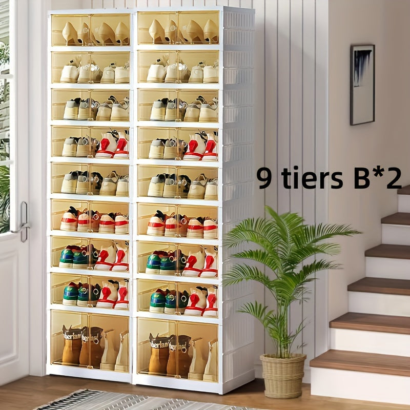 1pc/2pcs Heavy-Duty Collapsible 9-Tier Shoe Cabinet Organizer - Clear Plastic Foldable Stackable Shoe Rack with Shelves, Space-Saving Narrow Storage for Hallway, Apartment, Small Spaces - No Assembly Required (Shelves & Doors)