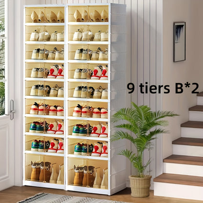1pc/2pcs Heavy-Duty Collapsible 9-Tier Shoe Cabinet Organizer - Clear Plastic Foldable Stackable Shoe Rack with Shelves, Space-Saving Narrow Storage for Hallway, Apartment, Small Spaces - No Assembly Required (Shelves & Doors)
