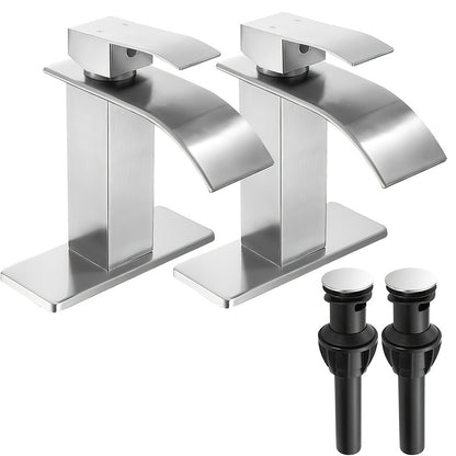 Waterfall Bathroom Faucet Single Handle - Modern Sink Faucet with Valve, Chrome & Matte Black & Brushed Nickel & Brushed Gold Finish, 1 or 3-Hole Deck Mount, G9/16 Threads, Water Supply Lines Included