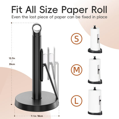 Heavy-Duty Stainless Steel Paper Towel Holder with Tension Arm-Easy One-Handed Tear, Modern Standing Countertop Dispenser for Kitchen, Holds All Paper Towel Rolls