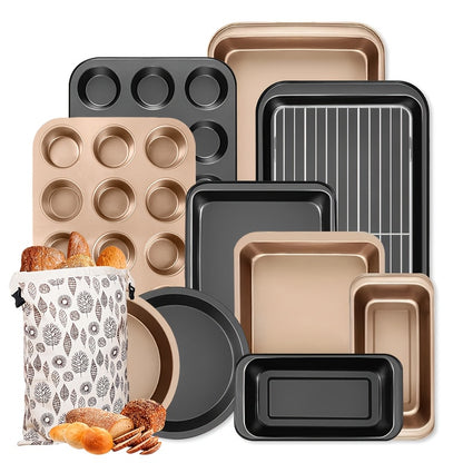 2/6/7/8/12/16/18pcs Non-Stick Baking Pan Set for Kitchen Oven, Baking Set with Round/Square Cake Pans, Bread Bags, Muffin Cups, Pizza Pan, Bread Scraper, Whisk, Spatula, Wire Rack, Measuring Spoon, Muffin Pan, Bread Pan, Baking Sheet, Cookie Sheet