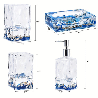Bathroom Accessory Set 4-Piece 3D Floating Motion Acrylic Liquid Vanity Kit - Tumbler, Toothbrush Holder, Soap Dispenser & Soap Dish, Handcrafted Shell & Leaf Decor, Ocean Dolphin Conch Leaf Styles