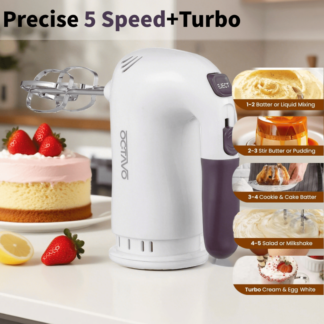 Hand Mixer Electric, 400W Kitchen Mixers with Storage Stand, Turbo Boost/Self-Control Speed + 5 Speed + Eject Button + 5 Stainless Steel Accessories, For Cream, Cake