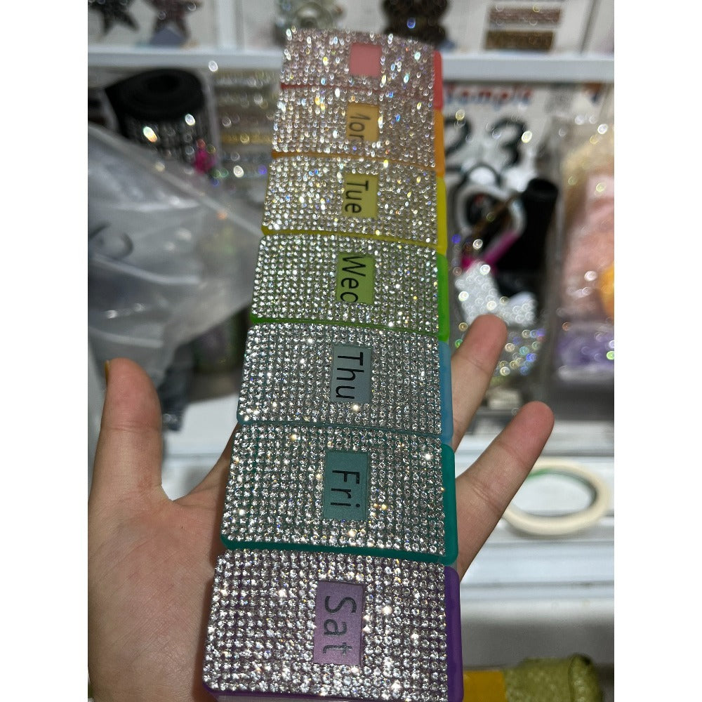 rectangle 7-Compartment Weekly Pill Organizer, Sparkly Rhinestone Design Travel Pill Case with Color-Coded Daily Slots for Vitamins, Supplements & Medication (Monday-Sunday)