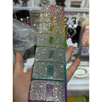 rectangle 7-Compartment Weekly Pill Organizer, Sparkly Rhinestone Design Travel Pill Case with Color-Coded Daily Slots for Vitamins, Supplements & Medication (Monday-Sunday)