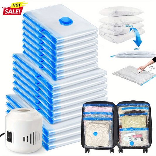 Vacuum Storage Bags 16pcs with Electric Pump – Space Saver Compression Bags for Clothes, Bedding, Pillows, Quilts, Blankets, Travel & Luggage (7 Small, 6 Medium, 3 Large)