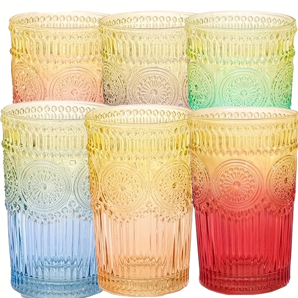 Collection of 6 Retro Drinking Glasses, 14 Oz Colorful Tumblers with Embossed Designs, Suitable for Water, Drinks, Juice, Beer, Cocktails, Whiskey, And Milk (Available in 6 Colors)
