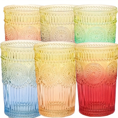 Collection of 6 Retro Drinking Glasses, 14 Oz Colorful Tumblers with Embossed Designs, Suitable for Water, Drinks, Juice, Beer, Cocktails, Whiskey, And Milk (Available in 6 Colors)