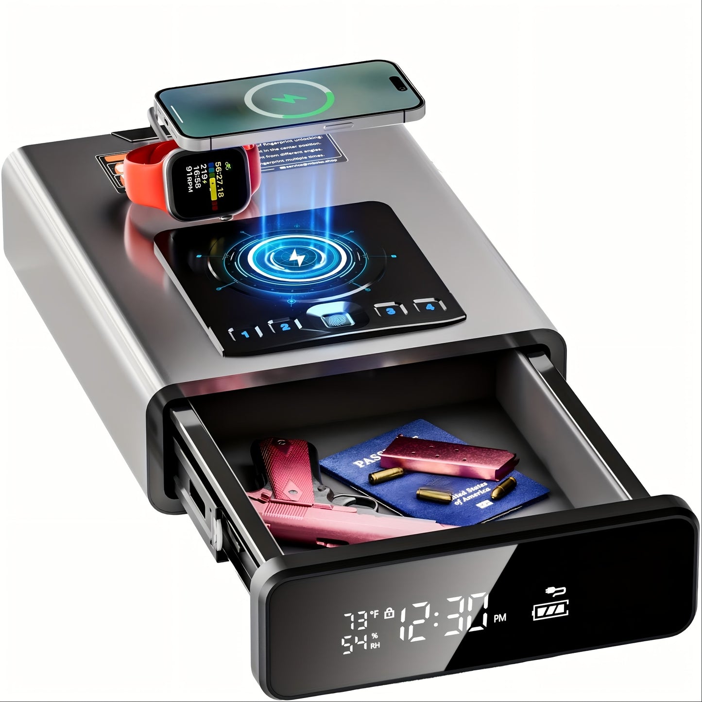Biometric Gun Safe, Grey & Black & Newly Upgraded Grey Fingerprint Safe with LED Clock, DOJ Pistol Safe with 2-in-1 Watch And Mobile Wireless Charging, Backlit Keypad, LED Light, Safety Jewelry Storage, Bedside Storage.Valentine's Day Gift