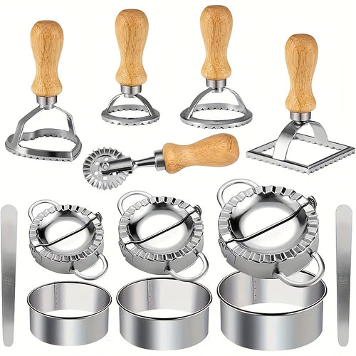 13pcs Dumpling Maker Set with Wooden Handles - Versatile Ravioli, Lasagna, And Pierogi Cutter Tools, Includes Stamp Makers, Circular Dumpling Molds, And Pastry Spoons - Ideal for Homemade Pasta And Pierogi