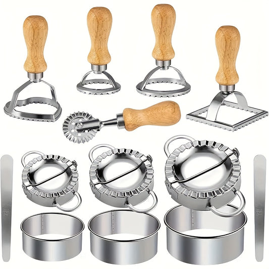 13pcs Dumpling Maker Set with Wooden Handles - Versatile Ravioli, Lasagna, And Pierogi Cutter Tools, Includes Stamp Makers, Circular Dumpling Molds, And Pastry Spoons - Ideal for Homemade Pasta And Pierogi